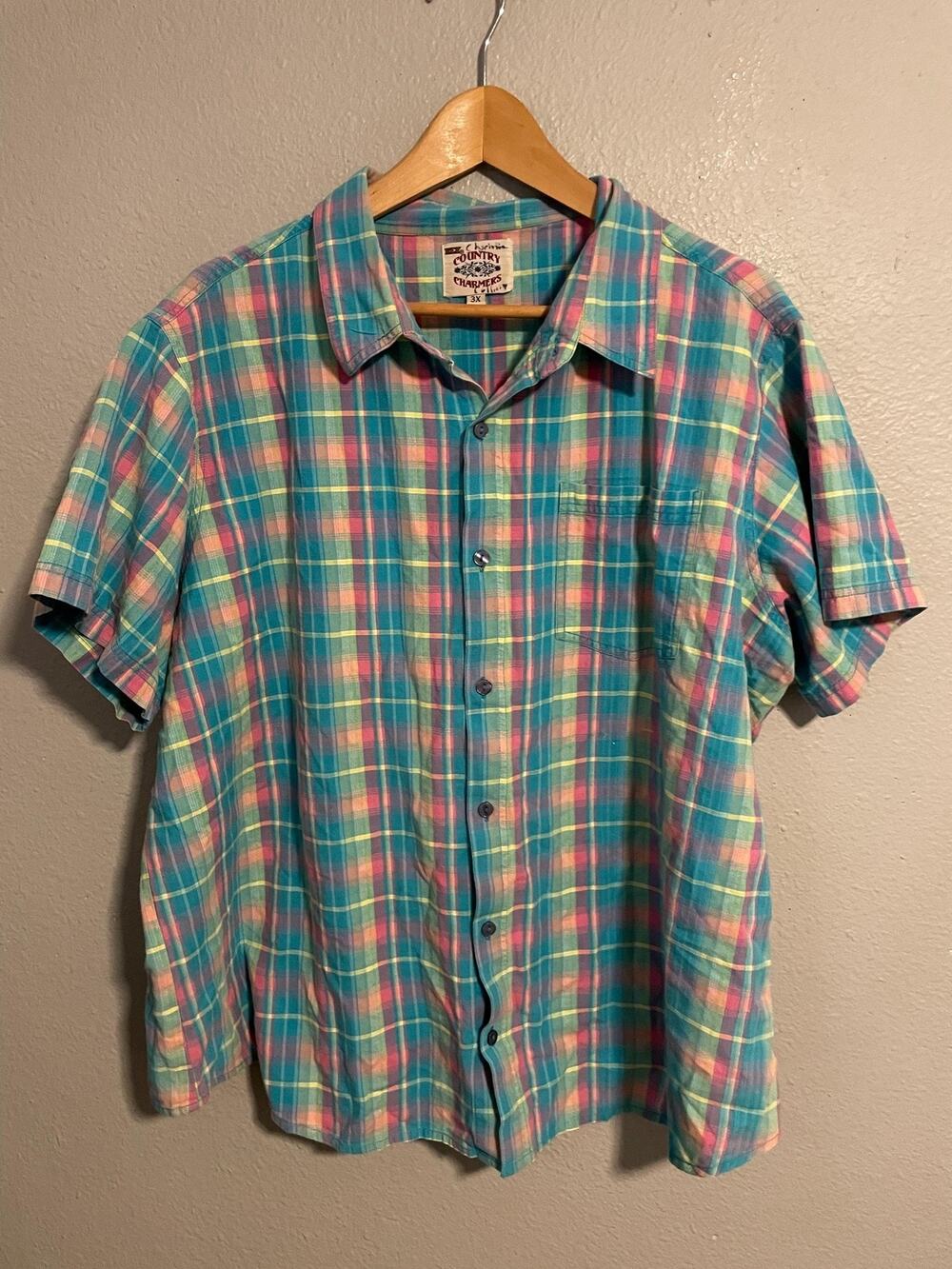 VTG Country Charmers Shirt Mens 3XL Multicolor Plaid Short Sleeve Kidcore 90s